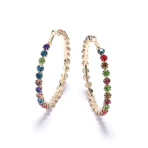 HOVANCI Popular Brilliant Colored Crystal Big Hoop Earrings Rainbow Rhinestone Gems Round Circle Earrings For Girls