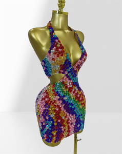 Abito Mini Halter Multicolore con Strass 2026 Chic, Sexy Scollatura a V Profonda, Cut-Out, Aderente, Elegante Abito da Sera <span class=keywords><strong>Arcobaleno</strong></span> per <span class=keywords><strong>Donna</strong></span> - Product Image 3