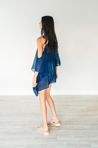 Blue Sheer Cotton Sexy <b>Mini</b> <b>Dress</b> With Spaghetti Straps Draped Silhouette Asymmetric Hem And Relaxed Fit For Beach Resort Wear - Product Image 3