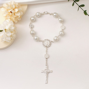 Pulsera al por mayor con dije <span class=keywords><strong>de</strong></span> cruz, cuentas <span class=keywords><strong>de</strong></span> perlas <span class=keywords><strong>de</strong></span> imitación religiosas, mini <span class=keywords><strong>rosario</strong></span> <span class=keywords><strong>de</strong></span> <span class=keywords><strong>dedo</strong></span> para recuerdos, regalo <span class=keywords><strong>de</strong></span> bautismo o iglesia - Product Image 1