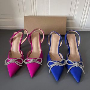 Sandales à talons rouges/bleues avec nœud et strass, à bride arrière, nouvelles chaussures à talons pour femmes 2025 - Product Image 2