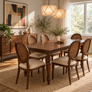 Traditional Wood Dining <b>Table</b> Set with Cane Back <b>Chairs</b> for 6 Seating Capacity Restaurant Furniture From Indonesia - Product Image 1