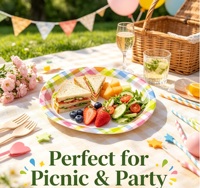 Assiettes en papier jetables ovales à carreaux arc-en-ciel, grande taille, pour le dîner des fêtes de printemps, pour pique-nique en plein air