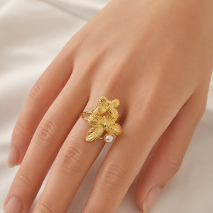 <b>Floral</b> Pearl Open Ring Stainless Steel 14K Gold Vacuum Plated Adjustable Ribbed Flower Statement Ring 26.8 mm - Product Image 2