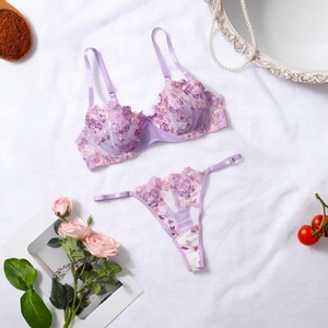 Conjunto de Lencería Bordado con Flores Moradas, Malla Transparente, Brasier Sexy y Tanga, Conjunto de 2 Piezas, Ropa Interior Femenina, Ropa de Dormir - Product Image 1