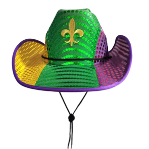 Sombrero de Disfraz de Vaquero de Mardi Gras con Lentejuelas Brillantes de Color Morado, Verde <span class=keywords><strong>y</strong></span> Dorado con Luces LED - Product Image 1
