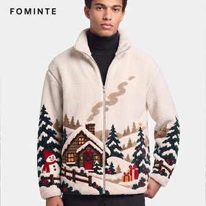 Veste d'hiver chaude pour femme en polaire jacquard teint en fil, motif café de Noël et village enneigé, design de luxe, logo personnalisé, OEM - Product Image 5