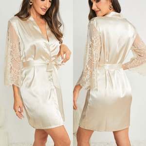 SFY-YH5122 Nouveauté 2025 – Peignoir en satin pour femme, longueur genou, style européen et américain, en soie avec dentelle contrastante, manches longues - Product Image 1