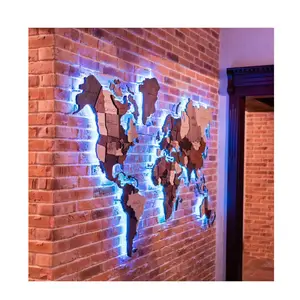 Chunlei OEM mapa de mundo木製トラベルプッシュピンマップ素朴な家3D世界地図ライト付き木製壁マップ