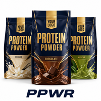 Sachet d'emballage personnalisé PPWR pour poudre protéinée de qualité supérieure avec votre logo, pochette à fond plat bleu marine et or pour marques haut de gamme