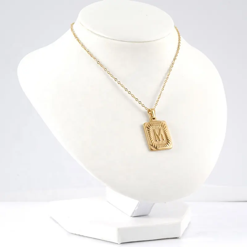 Minimalist Gold Square Alphabet Rectangle Initial Letter Boho Vintage Medallion Pendant Necklace