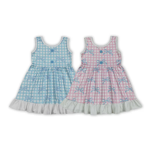Vestido de verano hasta la rodilla con estampado de cuadros y lazos para niñas, vestido para hermanas - Product Image 1
