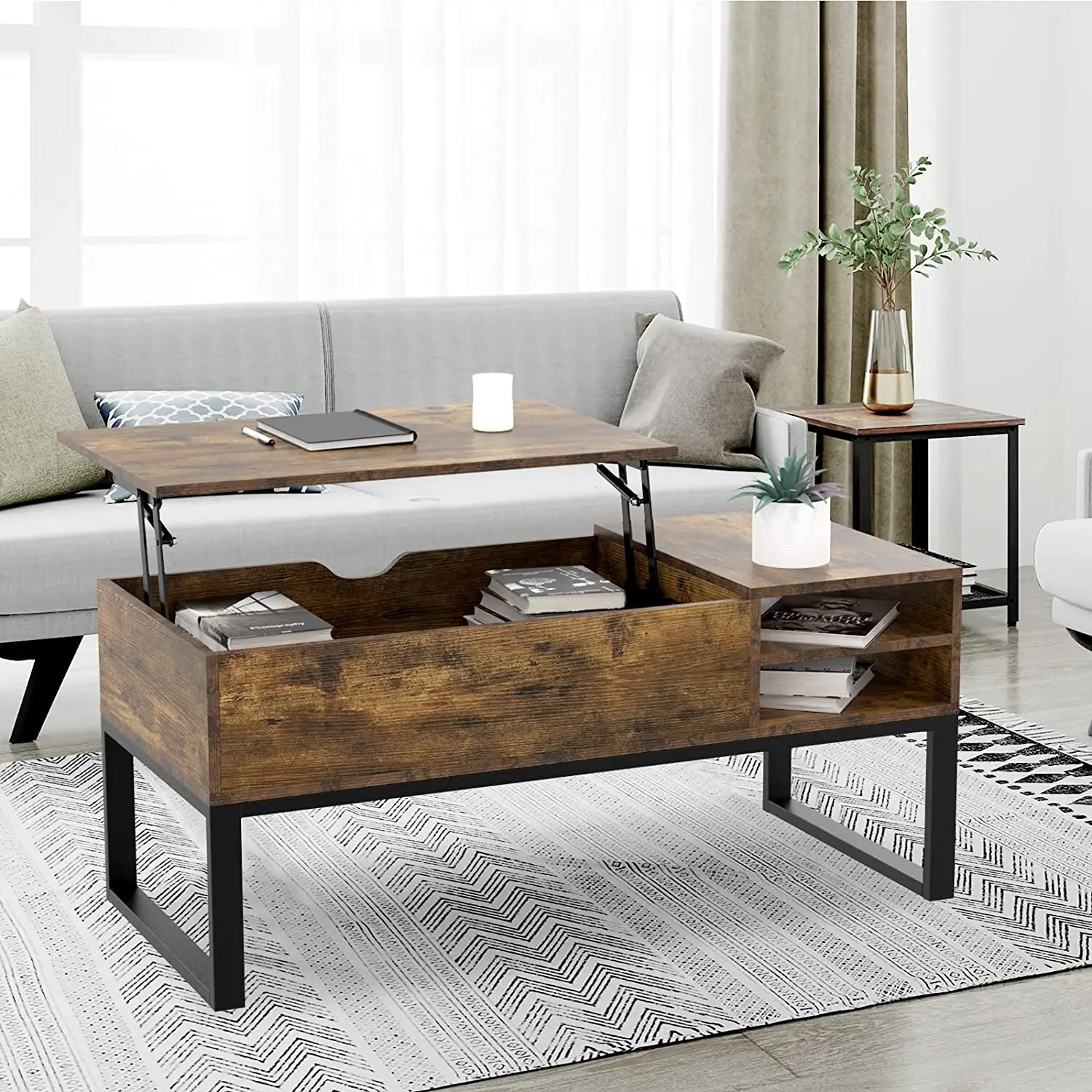 Lift Top with Storage Wood Square Modern Coffee Table for Home Living Room Office Rustic Brown Coffee Table