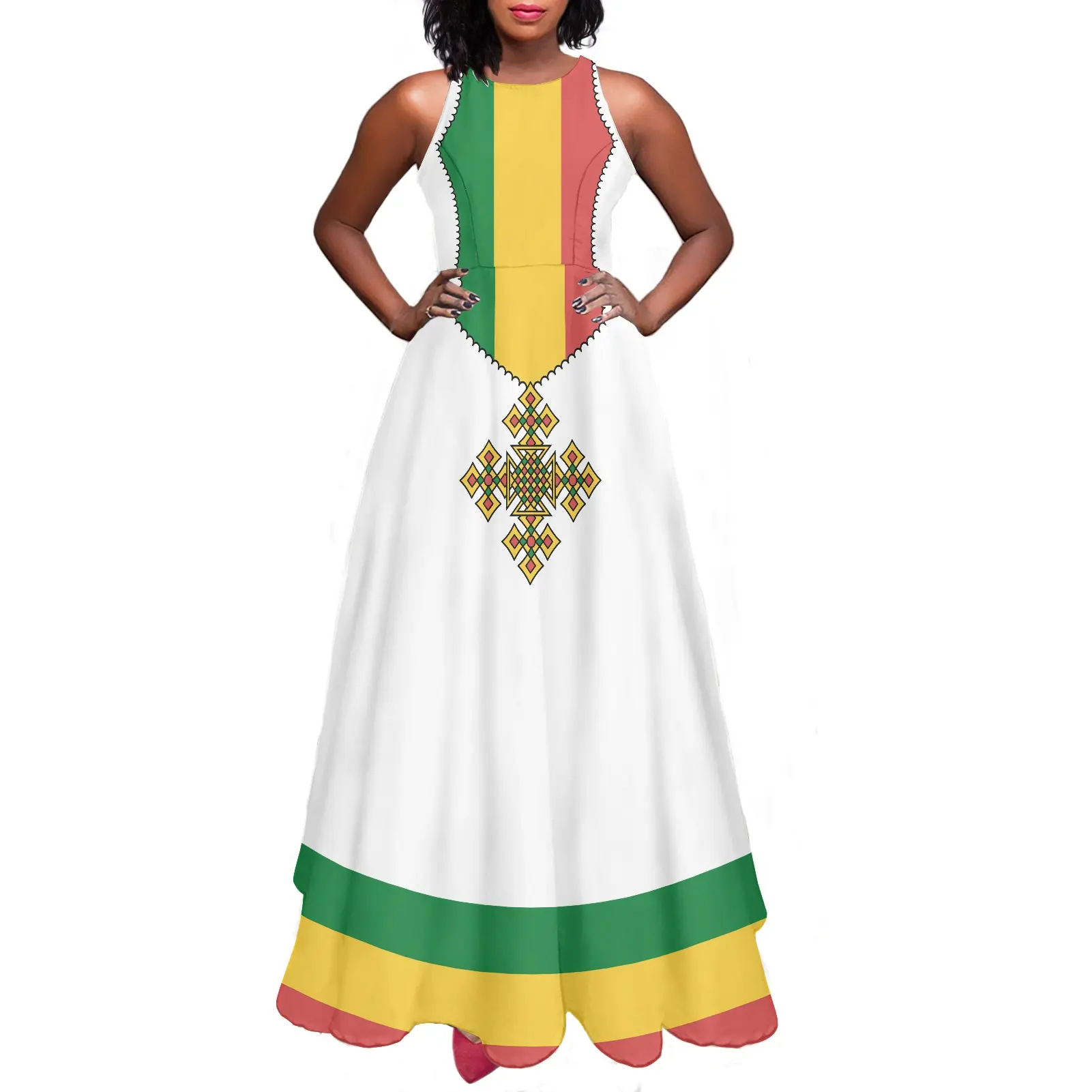 Abito etiope abito estivo tradizionale da donna Vintage abito da sera Casual elegante senza maniche A-Line Maxi abbigliamento etiope