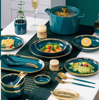 Juego de Vajilla Europeo Ecológico Personalizado Color Esmeralda para Restaurante y Hotel, 5 Piezas, Platos de Porcelana Esmaltada con Borde Dorado, Aptos para Microondas