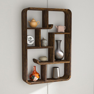 Chinese Style Solid Wood <b>Wall</b> <b>Mounted</b> Display <b>Shelf</b> Irregular Shape Multi Compartment For Teapots Study Room - Product Image 3