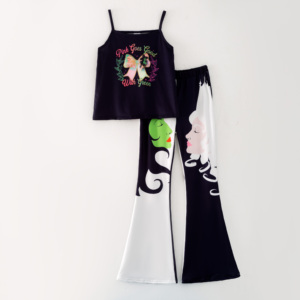 Completo estivo casual per bambine in seta organica di latte, top a balze con stampa a fiocco e <span class=keywords><strong>pantaloni</strong></span> a zampa. - Product Image 2