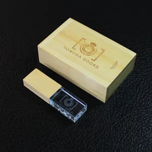 Logo personnalisé 3D Gravé Cristal USB 3.0 Bâton en Bois 1GB 64GB Verre Flash Drive Business 4GB 8GB 16GB Pendrive Wood Box Pen"