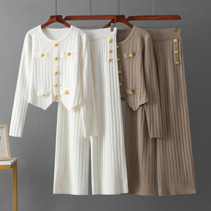 Nouveautés : Ensemble pull en viscose tricoté à col rond et manches longues, cardigan boutonné et pantalon large pour le printemps - Product Image 2