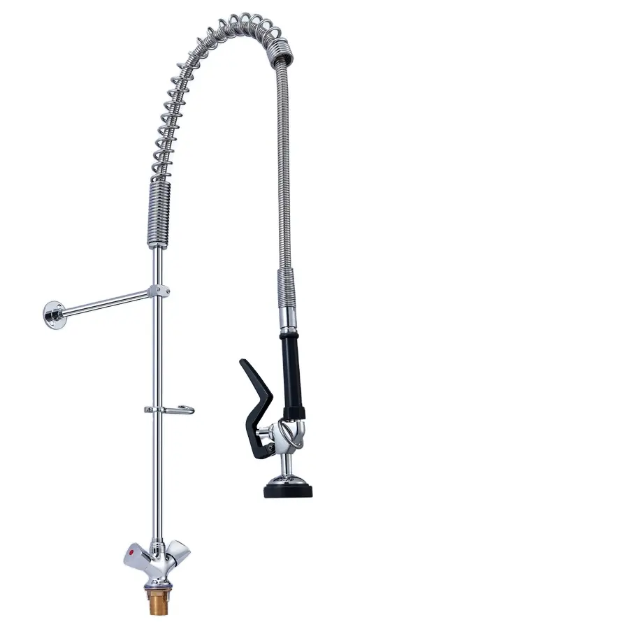 Easy Install Economical Deck Mount Commercial Flexible Hose Pre Rinse Long Neck Kitchen Mixing Faucet with Swivel Spout