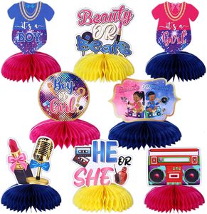 Centrotavola a Nido d'Ape 'Beauty or Beats' per Decorazioni Gender Reveal, Decorazioni da Tavolo 'Lui o Lei' per Feste a Tema Disco Anni '80 e '90 - Product Image 1