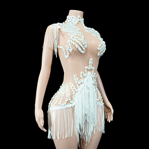 Justaucorps en maille à franges de perles blanches Pearl Couture Regal Swan, couleur ivoire, pour Gala, Diva, Mariage, Showgirl, Performer, Costume de scène - Product Image 4
