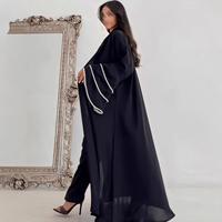 LEDUO Cardigan élégant à manches évasées orné de perles, ouvert sur le devant, style Dubaï, Kaftan islamique musulman, Abaya en mousseline noire