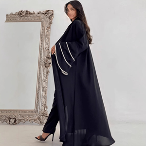 LEDUO Elegant Beaded Flare Sleeve Open Front Dubai Cardigan <b>Islamic</b> Muslim Kaftan Black chiffon Abaya - Product Image 2