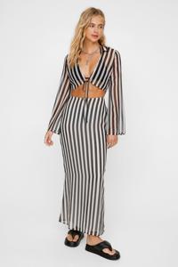 Op Bestelling Gemaakt Kleding Gestreepte Print Chiffon Kanten Crop Tops + Hoge Taille Maxi Lange Rok Bijpassende Dames 2-delige Set - Product Image 2