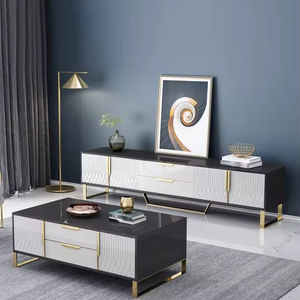 Ensemble de table basse et de meuble <span class=keywords><strong>TV</strong></span> pour salon, couleur blanc et noir moderne, avec pieds en acier inoxydable doré - Product Image 5