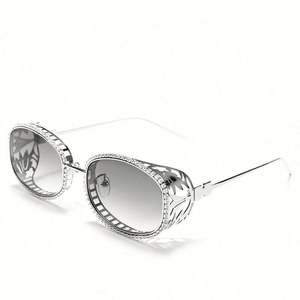 Lunettes de soleil ovales steampunk de luxe avec logo personnalisé, monture métallique creuse gravée, ornées de strass pour femme - Product Image 6