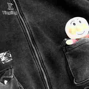 Yingling เสื้อฮู้ดสีดำโอเวอร์ไซส์แบบมีซิปเสื้อฟลีซแบบสตรีท - Product Image 2