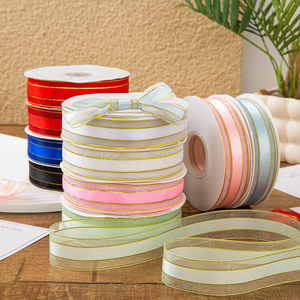 Kotak hadiah jala tepi emas 2.5cm 45Yard kotak kue <span class=keywords><strong>Satin</strong></span> tanpa kata warna Solid tepi Tengah pita - Product Image 2