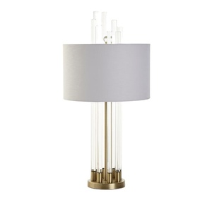 โคมไฟตั้งโต๊ะแก้วใสและเหล็กทองเหลืองพร้อมฐานกลมสำหรับโรงแรม - Product Image 1