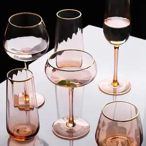 High End yaratıcı şampanya renkli altın çerçeveli cam kırmızı şarap su ve şarap meyve suyu fincanı