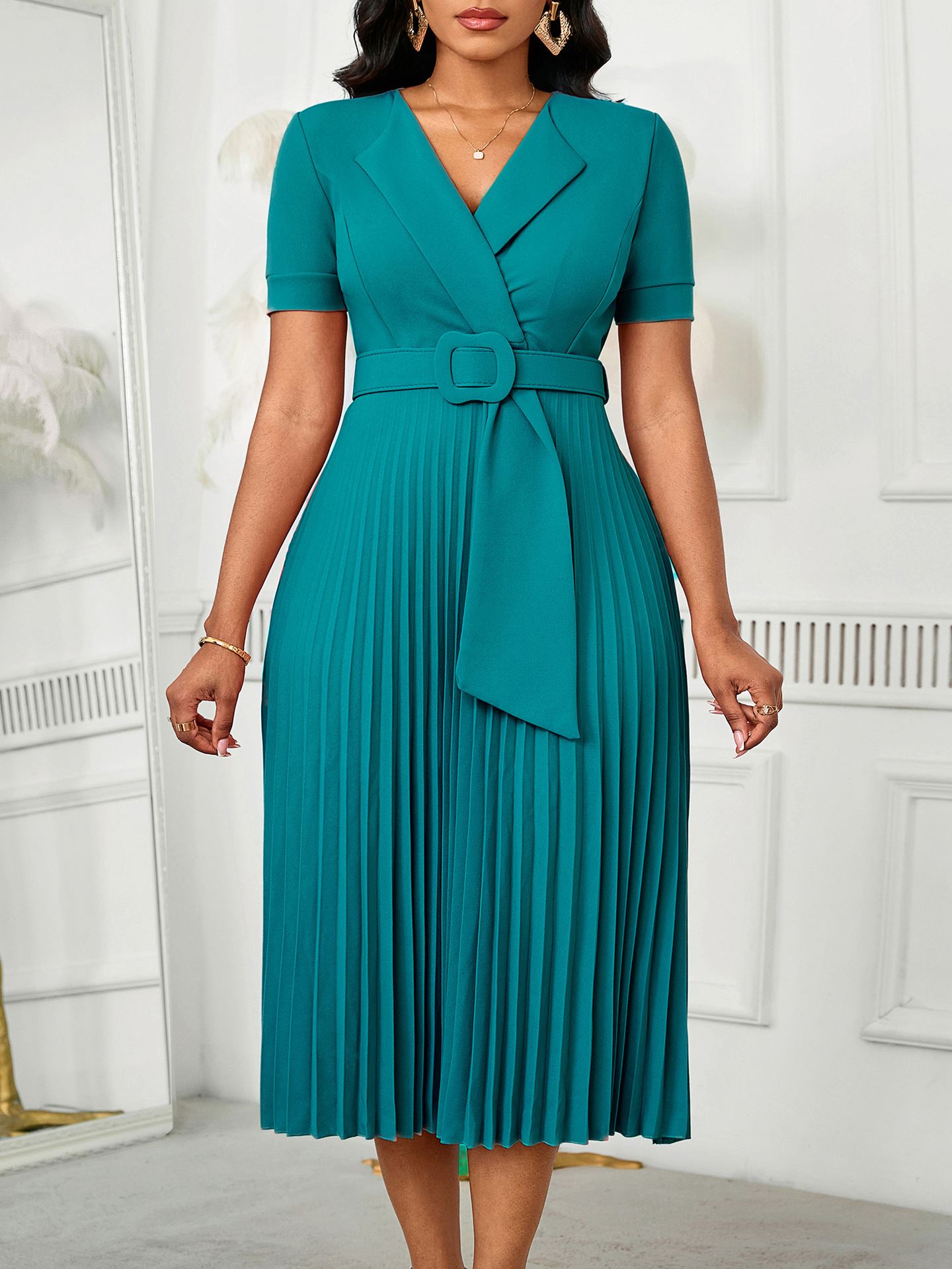 chinese dress ladies Pleated Long A-Line Formal Dress with Bell Sleeves– PromGirl main image 0