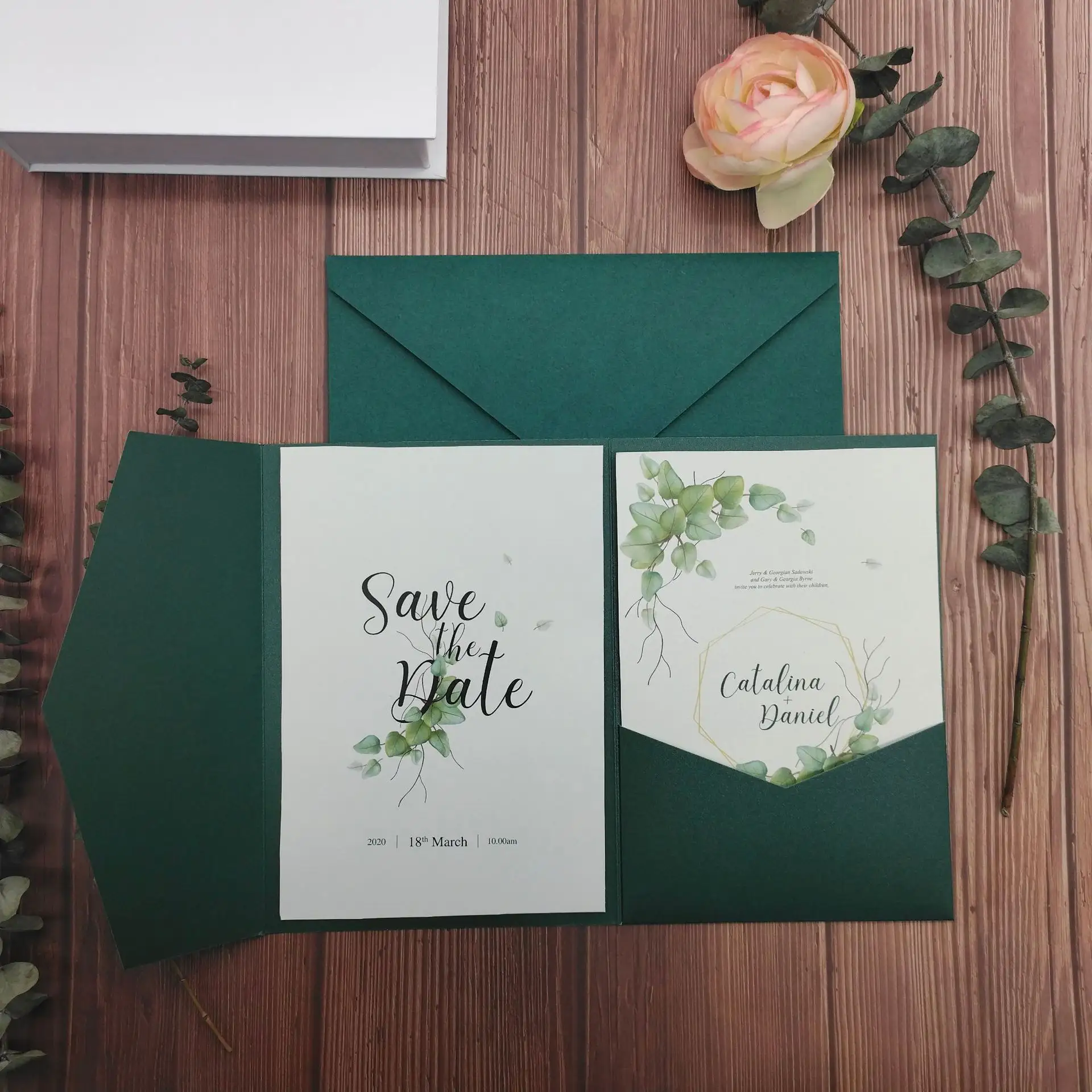 Carte d'invitation de mariage vert forêt poche bordeaux carte de vœux avec enveloppe fête avec ruban et étiquette