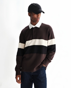 Chemise décontractée à manches longues pour homme, rayée marron, noir et crème, col rabattu, pour l'automne - Product Image 1