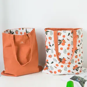 Yeniden kullanılabilir renkli baskı çift taraflı bez alışveriş çantası geri dönüşümlü 12oz meyve desen ağır tuval tote çanta kadınlar için