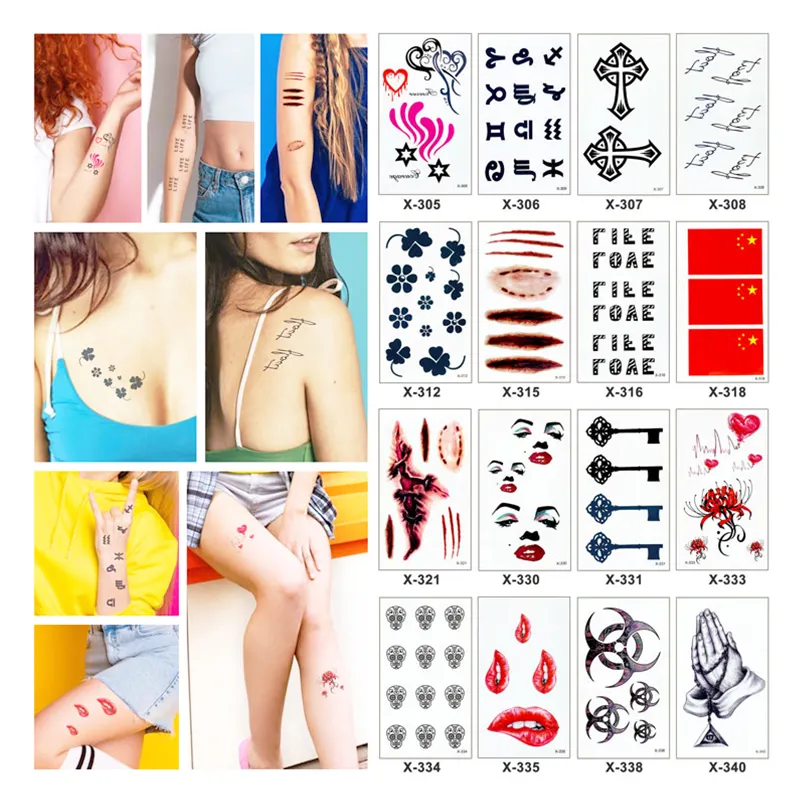 Beautiful realistic make-up tattoo stickers for temporary tattoos including flags flowers stars letters and other designs