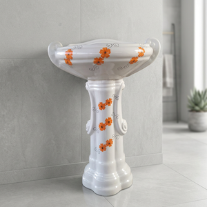 Vistaar OEM Ensemble de lavabo sur pied carré en céramique Vitrossa imprimé motif floral marron, finition Sterling, pour salle de bain de centre commercial - Product Image 3