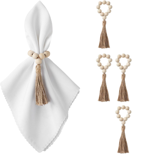 Anneau de serviette personnalisé en perles de bois style bohème avec pompon en jute |   Décoration de table pour Noël et Thanksgiving, porte-serviettes en bois rustique avec perles - Product Image 1