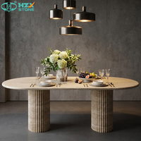 Table à manger en marbre HZX, design moderne ovale en pierre naturelle, pieds ronds cannelés, table à manger en travertin super blanc