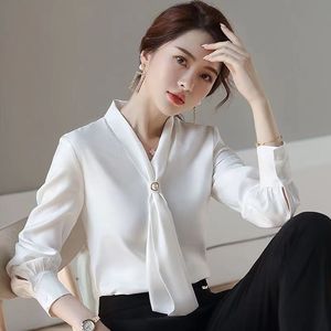 <span class=keywords><strong>Camicia</strong></span> in Chiffon da Donna, Nuovo Design Vintage con Perline, Top Elegante con Drappeggio, Maniche Lunghe, Primavera e Autunno, Bianco con Fiocchi - Product Image 1