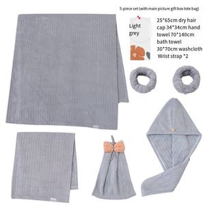 Ensemble de serviettes de bain en microfibre à séchage rapide en velours corail, doux et absorbant, avec cordon de serrage en coton, couleur unie, technique de tissage pour la salle de bain - Product Image 5