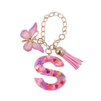 Porte-clés simple en alliage avec pendentif cœur coloré, confettis, papillon et pompon, chaîne dorée, breloque de sac, cadeau pour femme