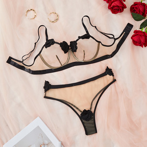 European and American New Women's Mesh Embroidered Flower <b>Perspective</b> Sexy Underwear Set - Product Image 6