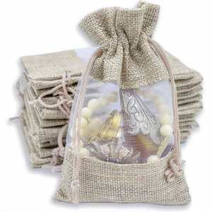 Eco-Friendly Custom Hemp Burlap <b>Drawstring</b> Gift Bags with Sheer Window for Jewelry and Gifts - Product Image 2