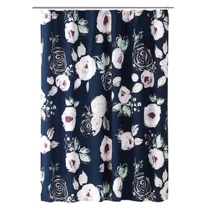 OEM Navy Ground watercolor floral print bathroom sets Customized size poly-cotton fabric shower curtain