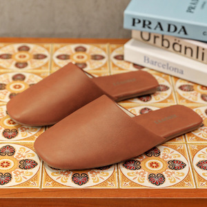 High End Minimalist Italian Style Closed Toe Matte Leather <b>Slippers</b> Couple Non Slip Household Shoes - Product Image 3